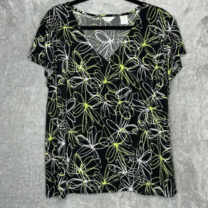 Laura Ashley 2X Shirt Top Black Floral Flower V Neck Short Sleeve Stretch Womens